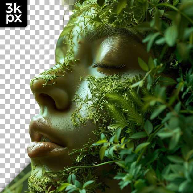 PSD a photo of a womans face covered in green leaves