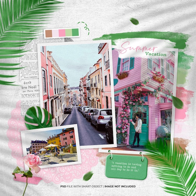 Photobook green and pink moodboard Photo frame set mockup