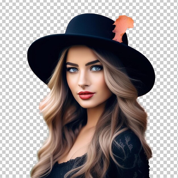 Photograph of an attractive woman in a dark dress and black hat posing by vibrant autumn foliage with a touch of elegance gazing towards the camera