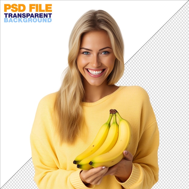 photograph of a woman using yellow bananas on transparent background