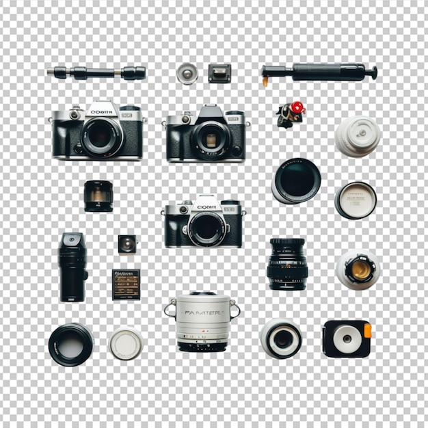 PSD photographer equipment on white background flat lay top view on white background