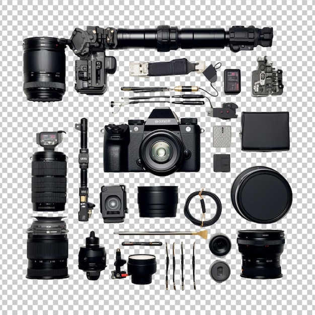 PSD photographer equipment on white background flat lay top view on white background