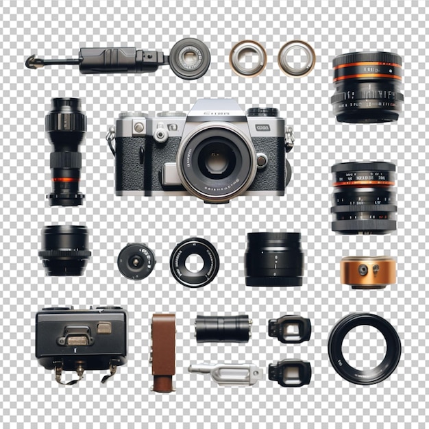 PSD photographer equipment on white background flat lay top view on white background