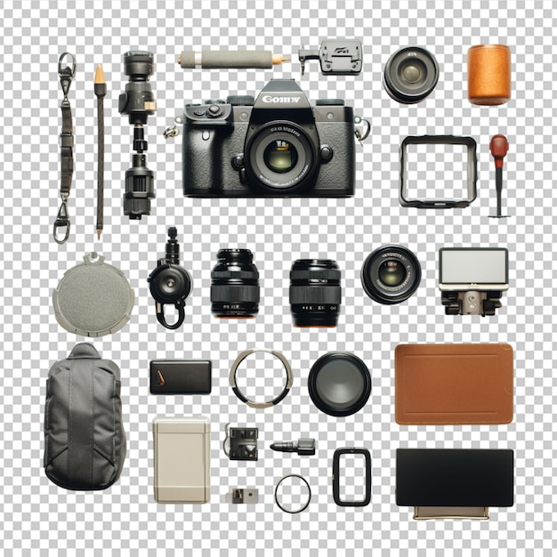 Photographer equipment on white background Flat lay top view on white background