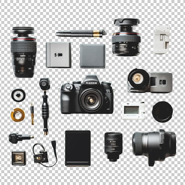 PSD photographer equipment on white background flat lay top view on white background