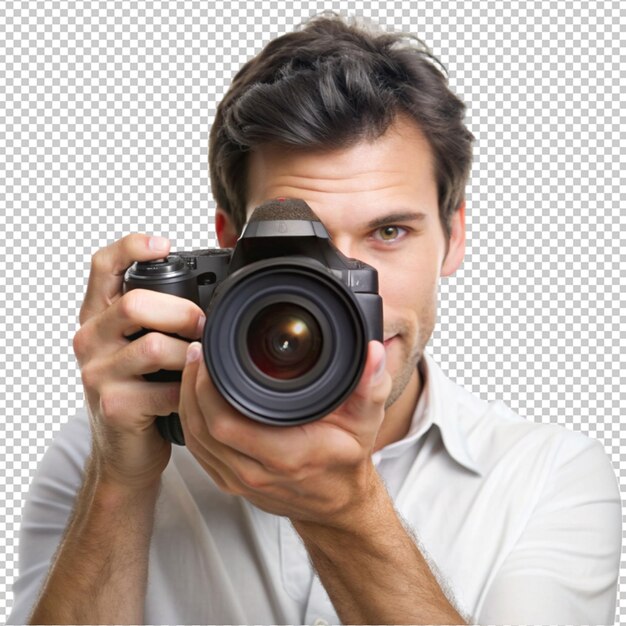 PSD photographer holding digital camera in hand isolated on transparent background