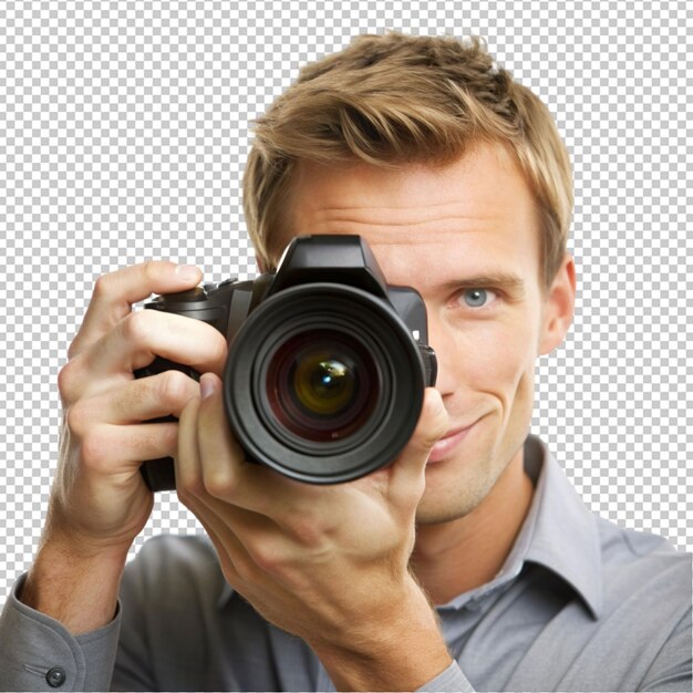 PSD photographer holding digital camera in hand isolated on transparent background