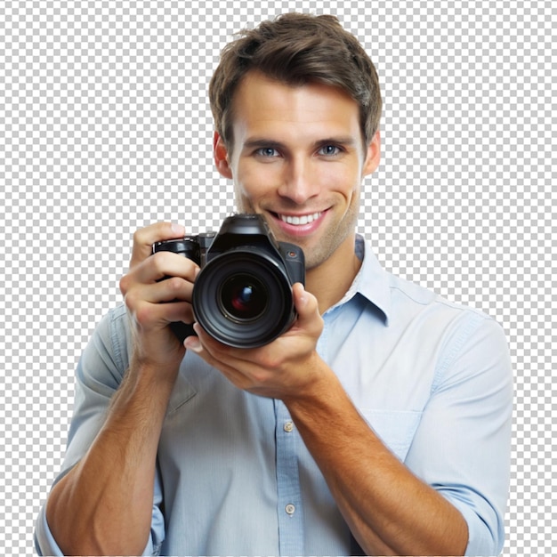 PSD photographer holding digital camera in hand isolated on transparent background