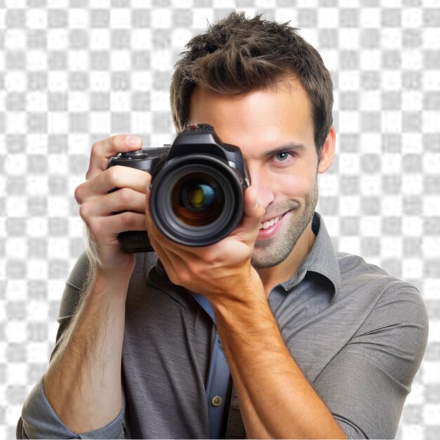 photographer holding digital camera in hand on transparent background