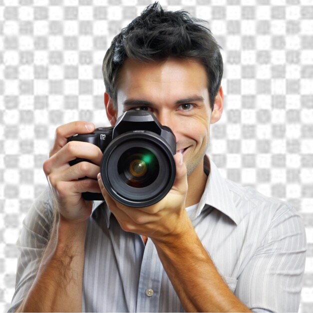 photographer holding digital camera in hand on transparent background