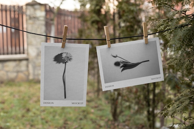 Photographs hanging from clothes line