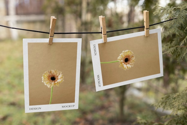 Photographs hanging from clothes line