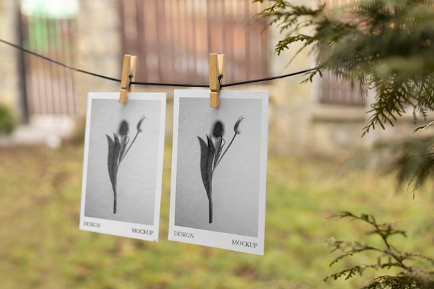 Photographs hanging from clothes line