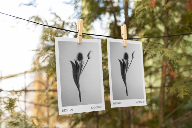 PSD photographs hanging from clothes line