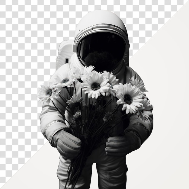 PSD photography of astronaut holidng flowers photography petal white