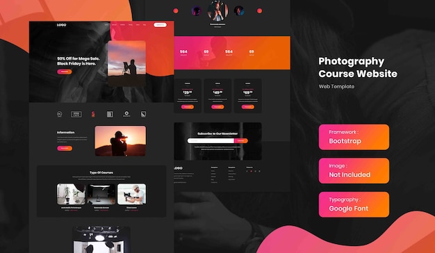 Photography online course landing page website template in dark mode