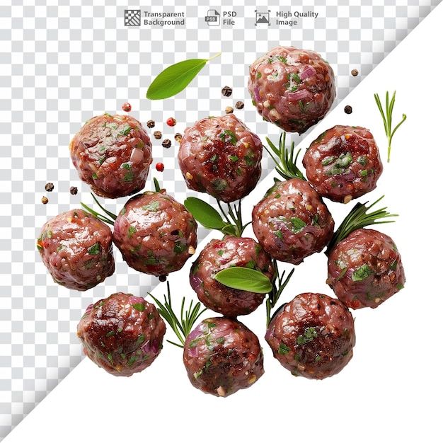 PSD photorealistic meatballs top view with spices on transparent background