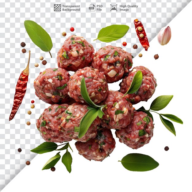 PSD photorealistic top view of meatballs with spices on transparent background