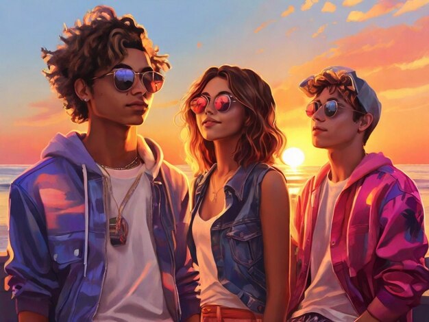 Photorealistic Young adults in funky clothing enjoy a sunset hot