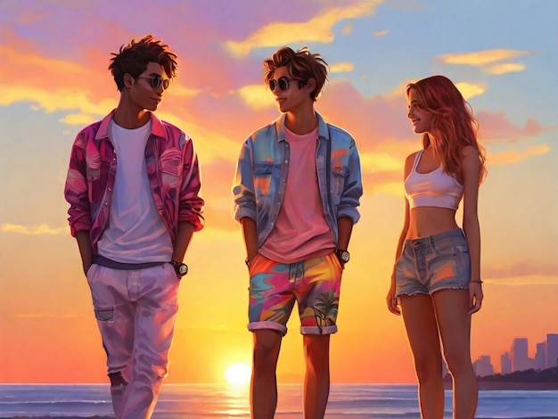 Photorealistic Young adults in funky clothing enjoy a sunset hot