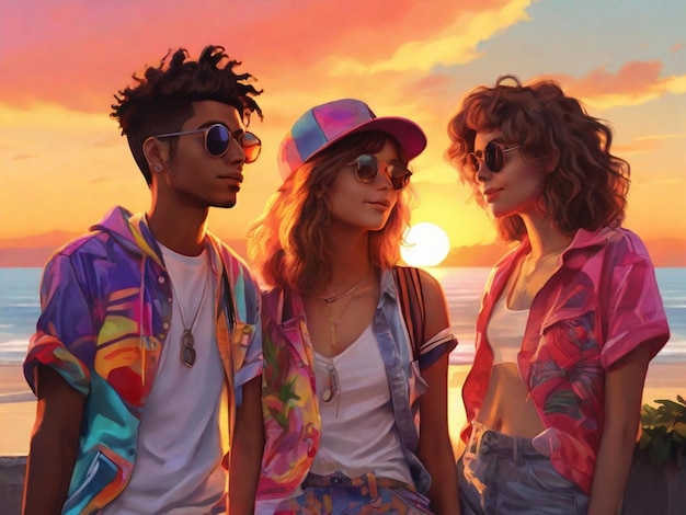 Photorealistic Young adults in funky clothing enjoy a sunset hot