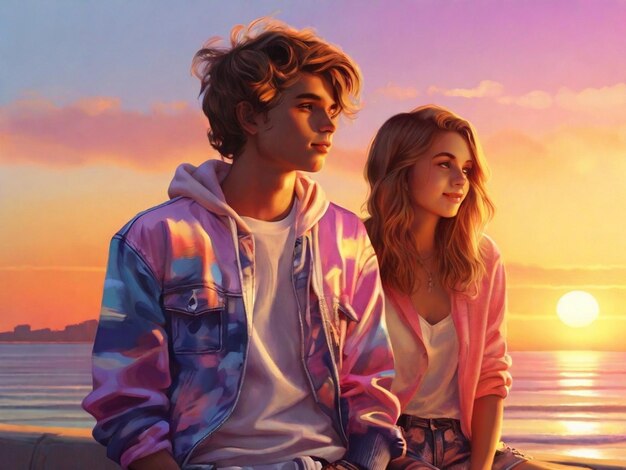 Photorealistic Young adults in funky clothing enjoy a sunset hot