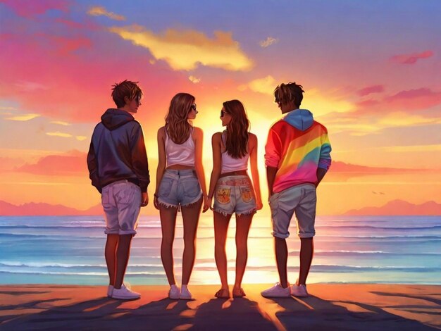 Photorealistic Young adults in funky clothing enjoy a sunset hot