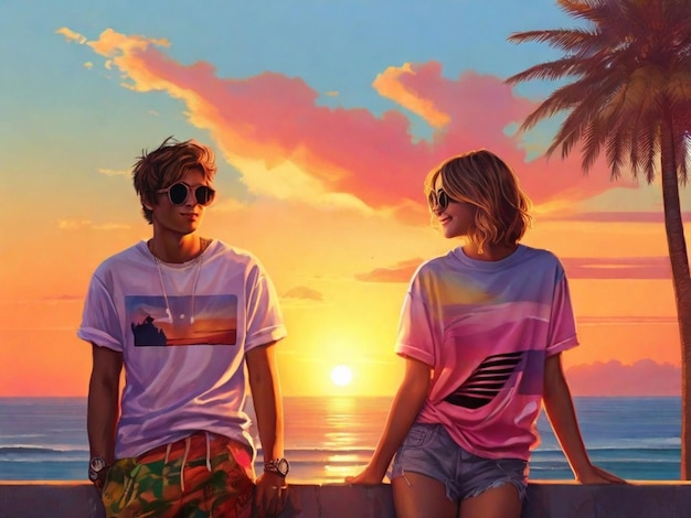 Photorealistic Young adults in funky clothing enjoy a sunset hot