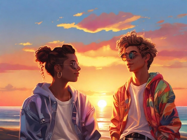 Photorealistic Young adults in funky clothing enjoy a sunset hot