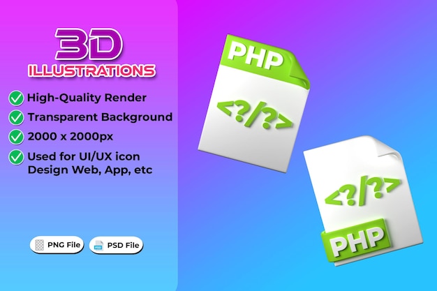 PHP File Type 3D rendering on transparent background Ui UX icon design web and app trend