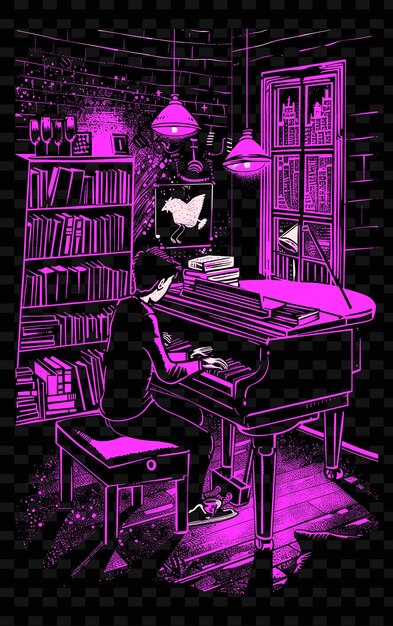 Pianist in a Cozy Coffee Shop With Books and Vintage Decor P Illustration Music Poster Designs