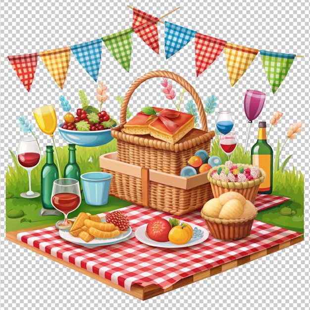 PSD a picnic blanket with a basket of fruit and a strawberries and a straw basket of fruit