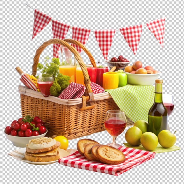 PSD a picnic blanket with a basket of fruit and a strawberries and a straw basket of fruit