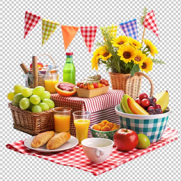 PSD a picnic blanket with a basket of fruit and a strawberries and a straw basket of fruit