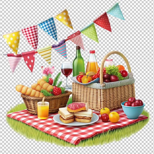 PSD a picnic blanket with a basket of fruit and a strawberries and a straw basket of fruit