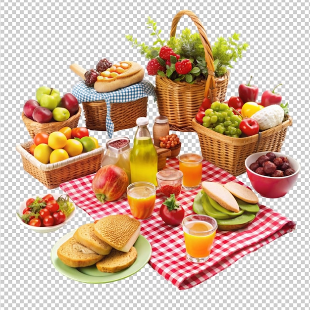 PSD a picnic blanket with a basket of fruit and a strawberries and a straw basket of fruit