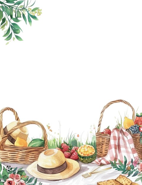 PSD picnic scene with baskets fruit and grapes isolated with background aig56