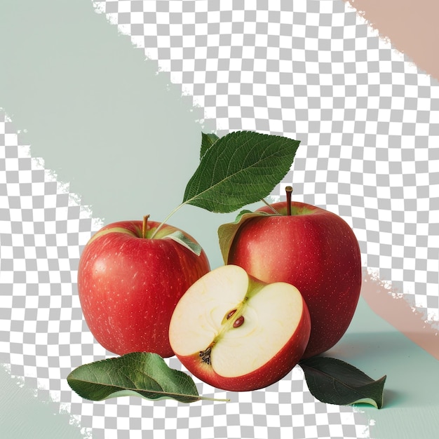 a picture of apples with leaves and a white background