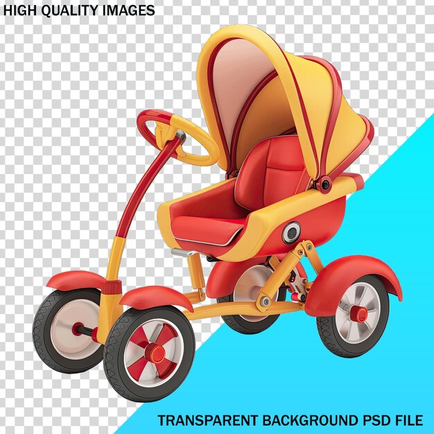 a picture of a baby carriage with a red and yellow car on it