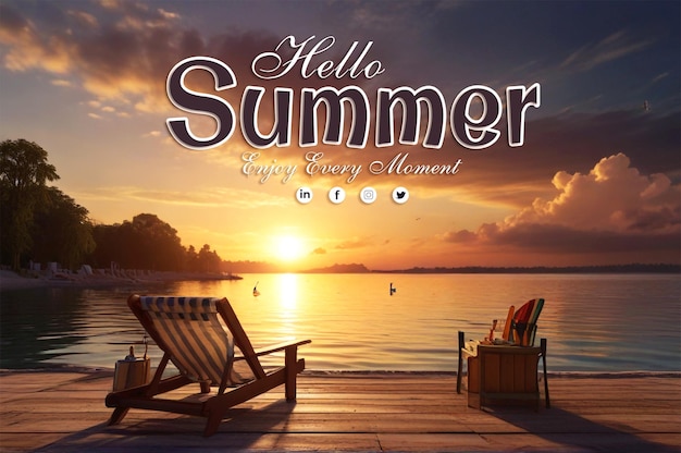 PSD a picture of a beach chair with the words hello summer on it