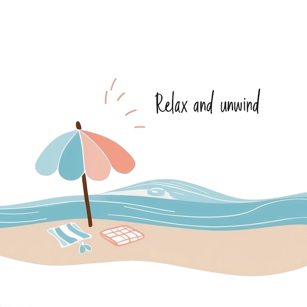 PSD a picture of a beach with a beach umbrella and the word relax