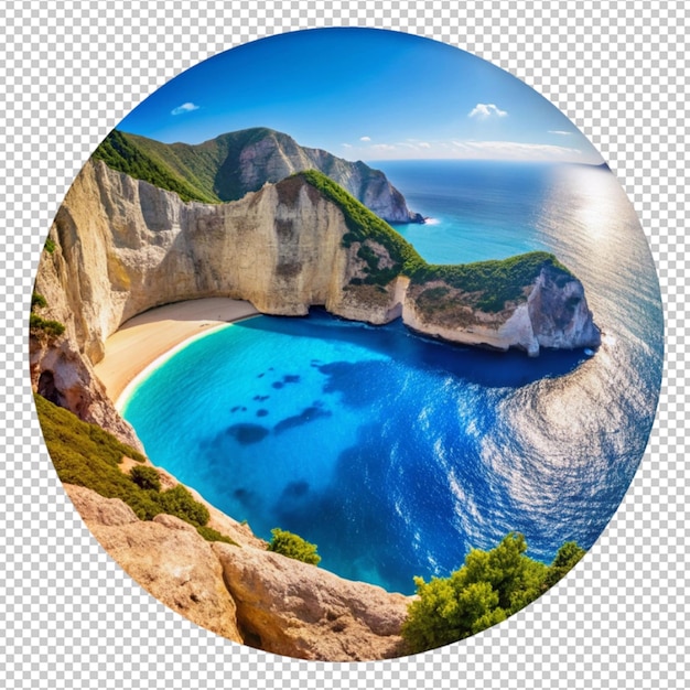 PSD a picture of a beach with a circle with a picture of a beach and mountains in the background