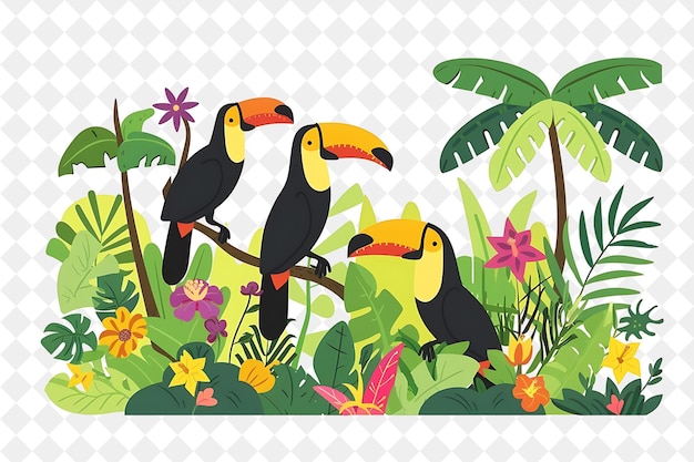 a picture of birds in a jungle with flowers and plants