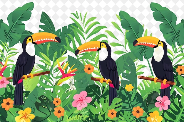 a picture of birds in a jungle with flowers and plants