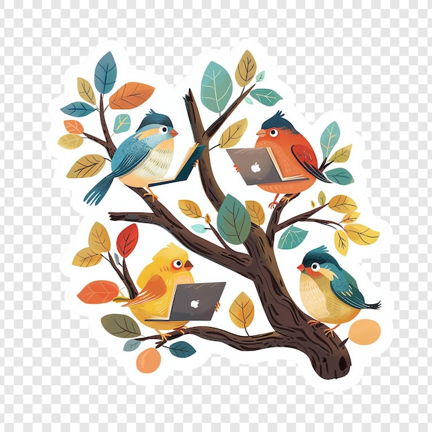 a picture of birds on a tree with a laptop on the bottom