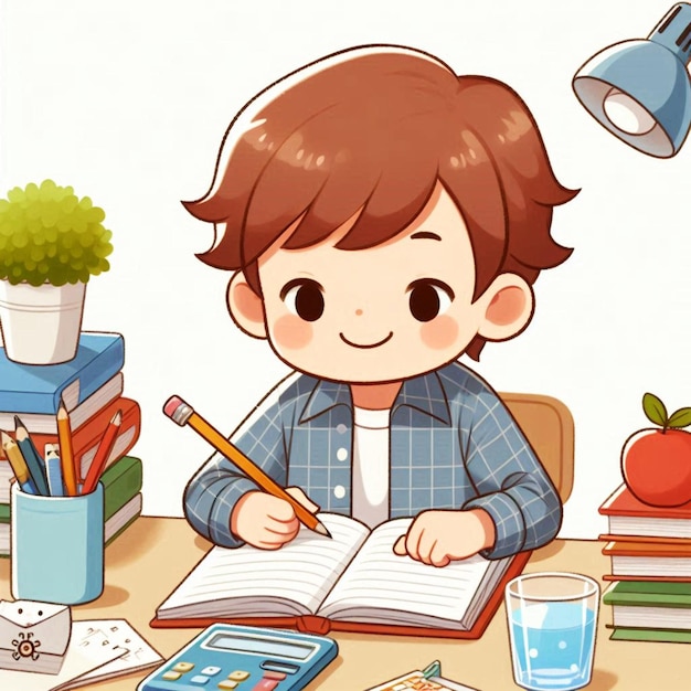 PSD a picture of a boy reading a book with a pencil and a pencil