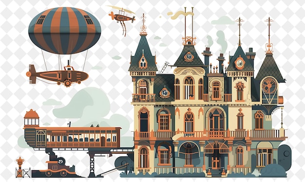 a picture of a building with a hot air balloon and a building with a train on it