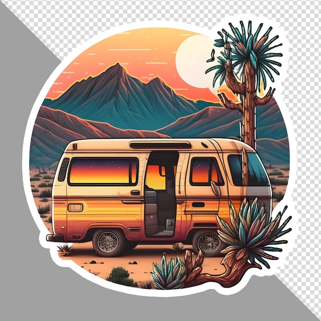 PSD a picture of a camper van with a mountain in the background vintage