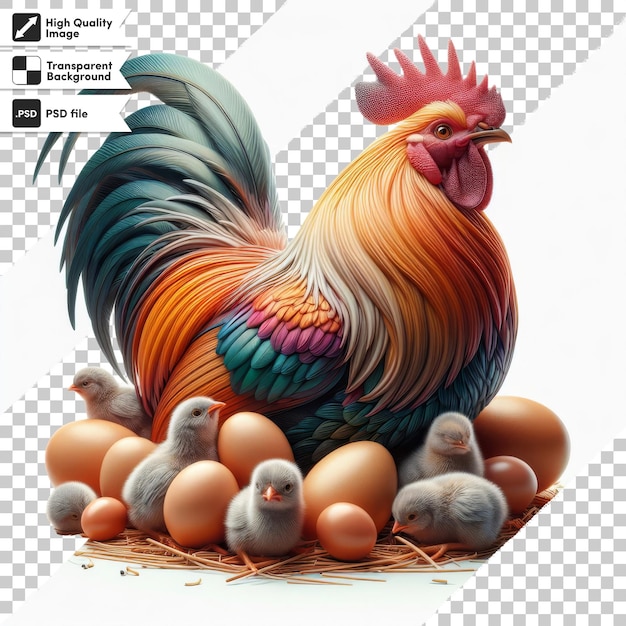 a picture of a chicken with eggs and a chicken in the background