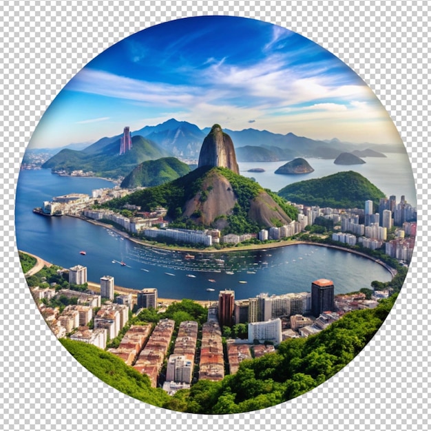 PSD a picture of a city with a round circle with the word island on it